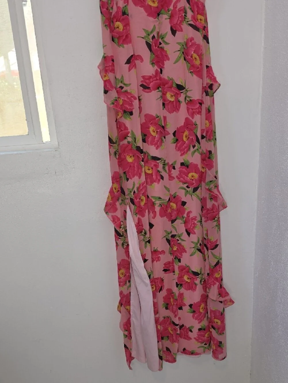 Nasty Gal Pink Floral Adjustable Spaghetti Strap High Slit Ruffle Midi Dress 6 - Picture 5 of 6